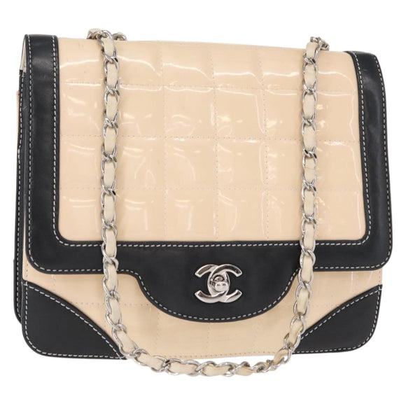 CHANEL Choco Bar Chain Bag Lamb Skin Patent Beige Silver CC Auth yk19599