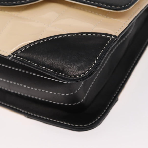 CHANEL Choco Bar Chain Bag Lamb Skin Patent Beige Silver CC Auth yk19599