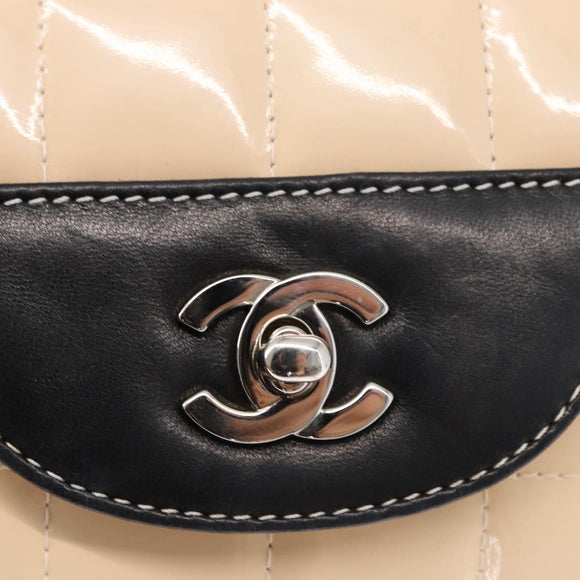 CHANEL Choco Bar Chain Bag Lamb Skin Patent Beige Silver CC Auth yk19599
