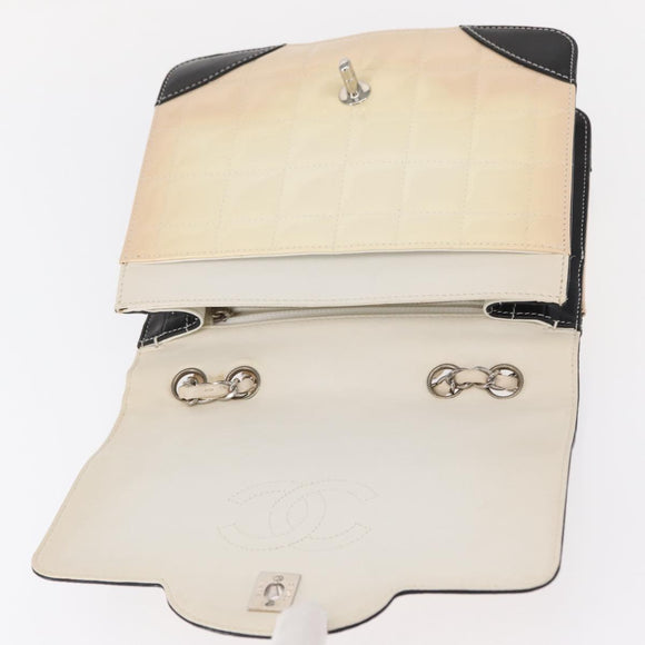 CHANEL Choco Bar Chain Bag Lamb Skin Patent Beige Silver CC Auth yk19599