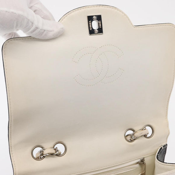 CHANEL Choco Bar Chain Bag Lamb Skin Patent Beige Silver CC Auth yk19599