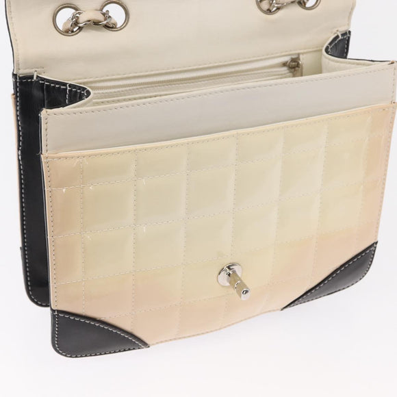 CHANEL Choco Bar Chain Bag Lamb Skin Patent Beige Silver CC Auth yk19599