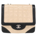CHANEL Choco Bar Chain Bag Lamb Skin Patent Beige Silver CC Auth yk19599-2