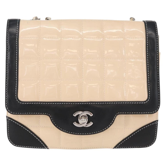 CHANEL Choco Bar Chain Bag Lamb Skin Patent Beige Silver CC Auth yk19599