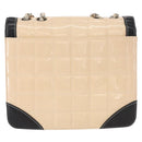 CHANEL Choco Bar Chain Bag Lamb Skin Patent Beige Silver CC Auth yk19599-3