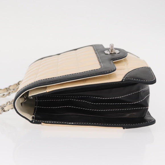 CHANEL Choco Bar Chain Bag Lamb Skin Patent Beige Silver CC Auth yk19599