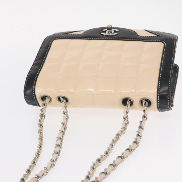 CHANEL Choco Bar Chain Bag Lamb Skin Patent Beige Silver CC Auth yk19599