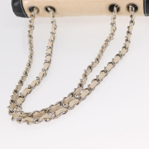 CHANEL Choco Bar Chain Bag Lamb Skin Patent Beige Silver CC Auth yk19599