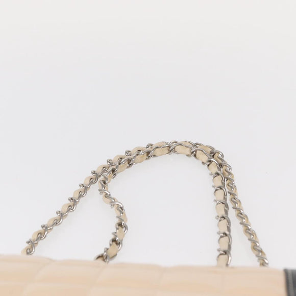 CHANEL Choco Bar Chain Bag Lamb Skin Patent Beige Silver CC Auth yk19599