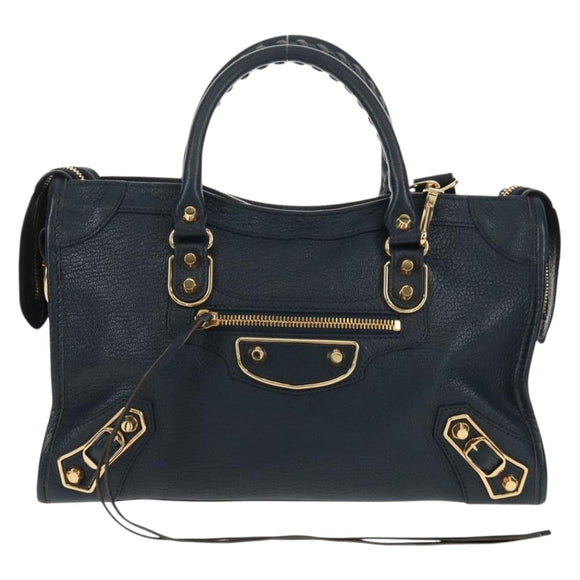 BALENCIAGA Metallic Edge City Hand Bag Leather Navy Gold 432831 Auth yk19642M