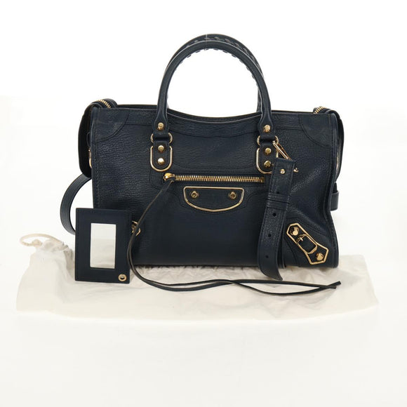 BALENCIAGA Metallic Edge City Hand Bag Leather Navy Gold 432831 Auth yk19642M