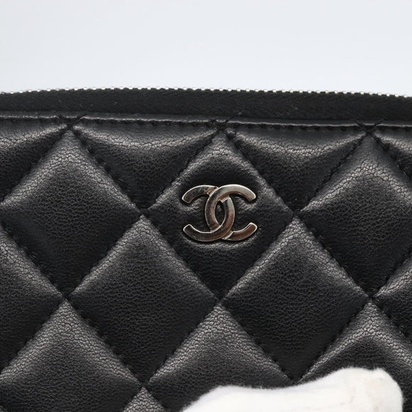 CHANEL Matelasse Coin Purse Lamb Skin Black Silver CC Auth yk19647