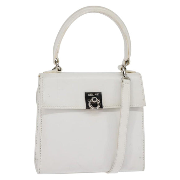 CELINE Hand Bag Leather 2way White Silver Auth yk19665