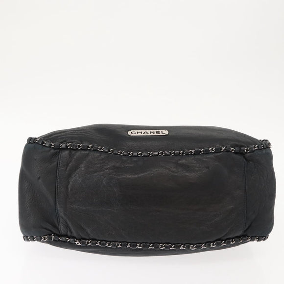 CHANEL Hobo Shoulder Bag Lamb Skin Black Silver CC Auth yk19676