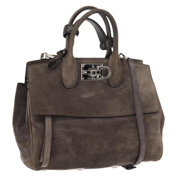 Salvatore Ferragamo Gancini Hand Bag Suede 2way Gray Silver Auth yk19722