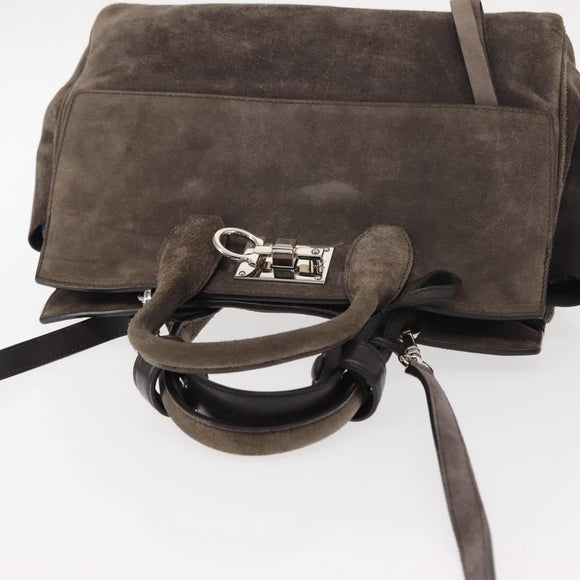 Salvatore Ferragamo Gancini Hand Bag Suede 2way Gray Silver Auth yk19722
