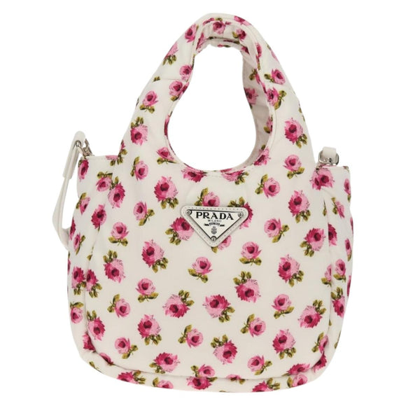 PRADA Floral Hand Bag Nylon 2way White Pink Silver 1BA359 Auth yk19751M