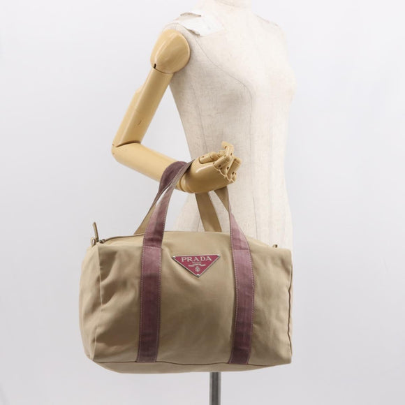 PRADA Tote Bag Canvas Leather Beige Silver Auth yk19753