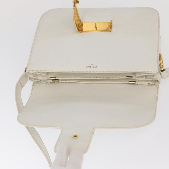 CELINE Shoulder Bag Leather White Gold Auth yk19773