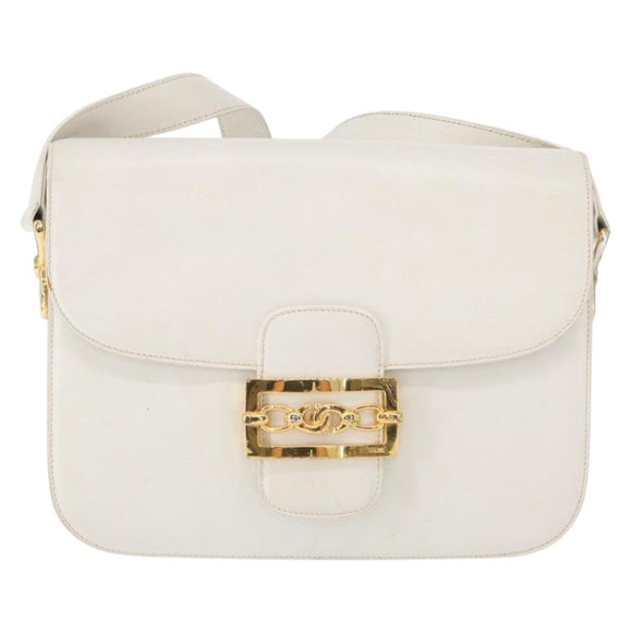 CELINE Shoulder Bag Leather White Gold Auth yk19773