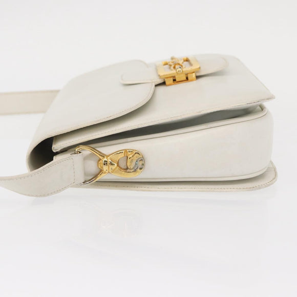CELINE Shoulder Bag Leather White Gold Auth yk19773