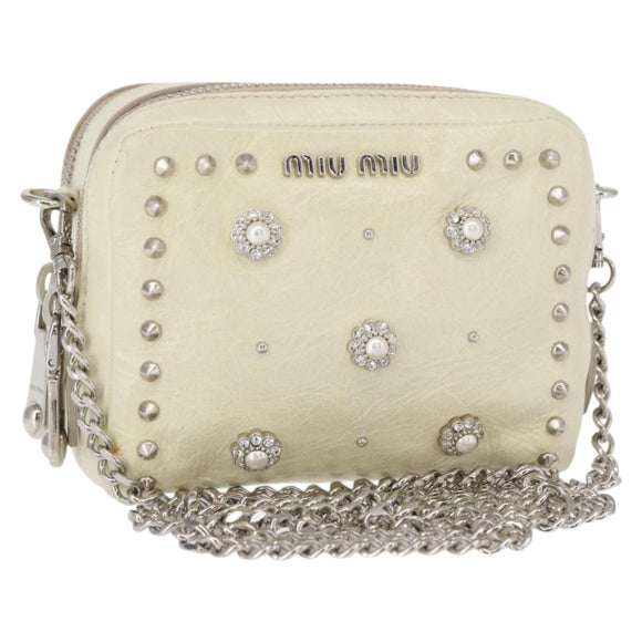 Miu Miu Chain Shoulder Bag Leather Cream Silver Auth yk19775