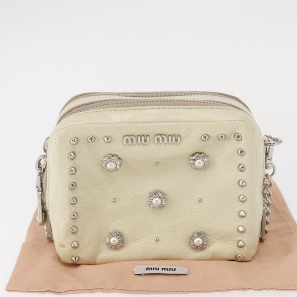 Miu Miu Chain Shoulder Bag Leather Cream Silver Auth yk19775