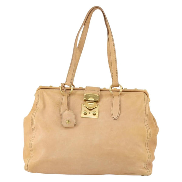 Miu Miu Tote Bag Leather Beige Gold Auth yk19778
