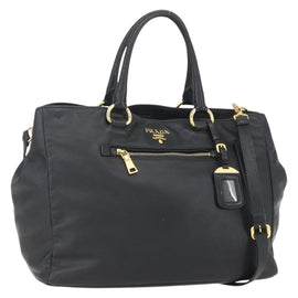 PRADA Hand Bag Leather 2way Black Gold Auth yk19782