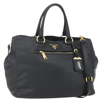 PRADA Hand Bag Leather 2way Black Gold Auth yk19782