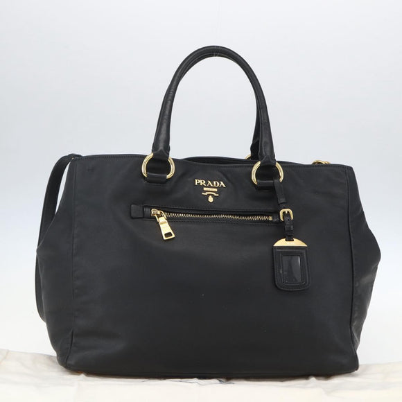 PRADA Hand Bag Leather 2way Black Gold Auth yk19782