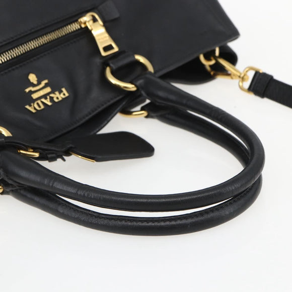 PRADA Hand Bag Leather 2way Black Gold Auth yk19782