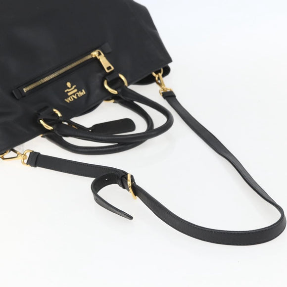 PRADA Hand Bag Leather 2way Black Gold Auth yk19782