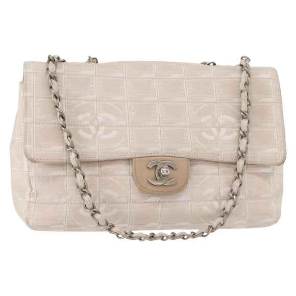 CHANEL Choco Bar New Travel Line Chain Shoulder Bag Canvas Beige CC Auth yk19787