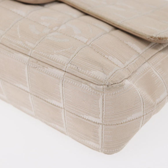 CHANEL Choco Bar New Travel Line Chain Shoulder Bag Canvas Beige CC Auth yk19787