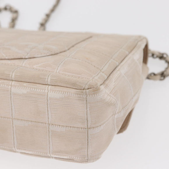 CHANEL Choco Bar New Travel Line Chain Shoulder Bag Canvas Beige CC Auth yk19787