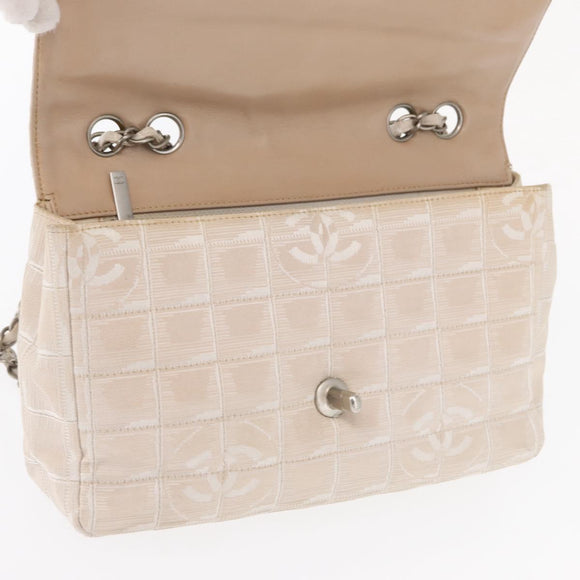 CHANEL Choco Bar New Travel Line Chain Shoulder Bag Canvas Beige CC Auth yk19787