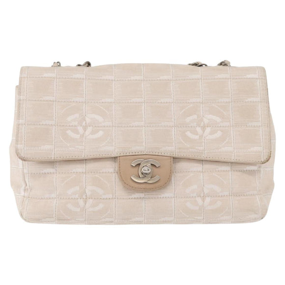 CHANEL Choco Bar New Travel Line Chain Shoulder Bag Canvas Beige CC Auth yk19787