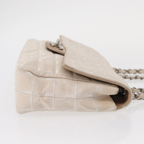 CHANEL Choco Bar New Travel Line Chain Shoulder Bag Canvas Beige CC Auth yk19787