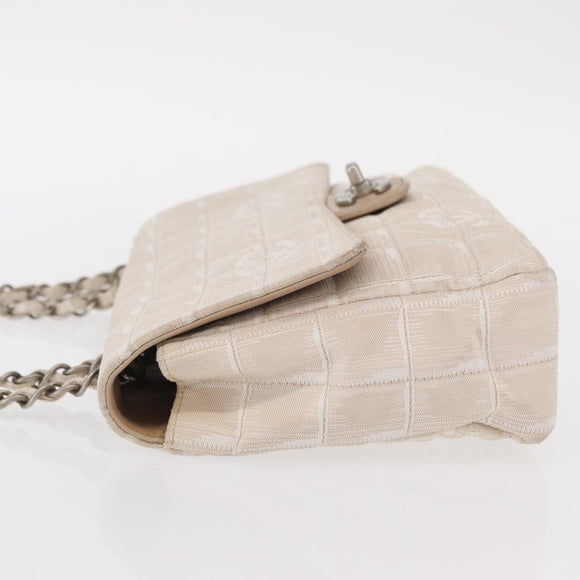 CHANEL Choco Bar New Travel Line Chain Shoulder Bag Canvas Beige CC Auth yk19787