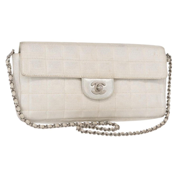 CHANEL Choco Bar New Travel Line Chain Bag Canvas Silver CC Auth yk19792