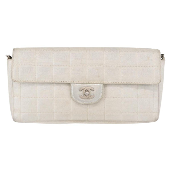 CHANEL Choco Bar New Travel Line Chain Bag Canvas Silver CC Auth yk19792