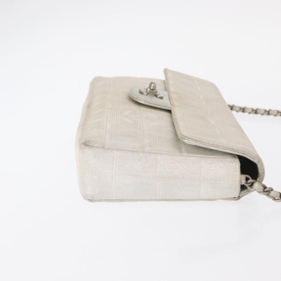 CHANEL Choco Bar New Travel Line Chain Bag Canvas Silver CC Auth yk19792