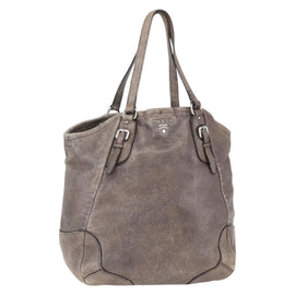 PRADA Tote Bag Leather Beige Silver Auth yk19816