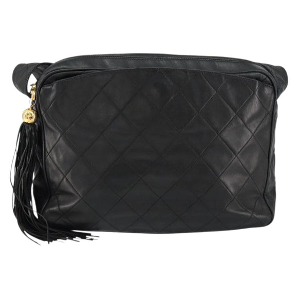 CHANEL Matelasse Shoulder Bag Lamb Skin Black Gold CC Auth yk19820
