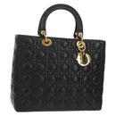 Christian Dior Canage Lady Dior Hand Bag Lamb Skin Black Gold Auth yk19860V-1