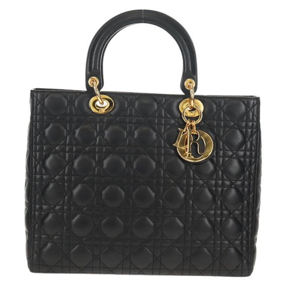 Christian Dior Canage Lady Dior Hand Bag Lamb Skin Black Gold Auth yk19860V