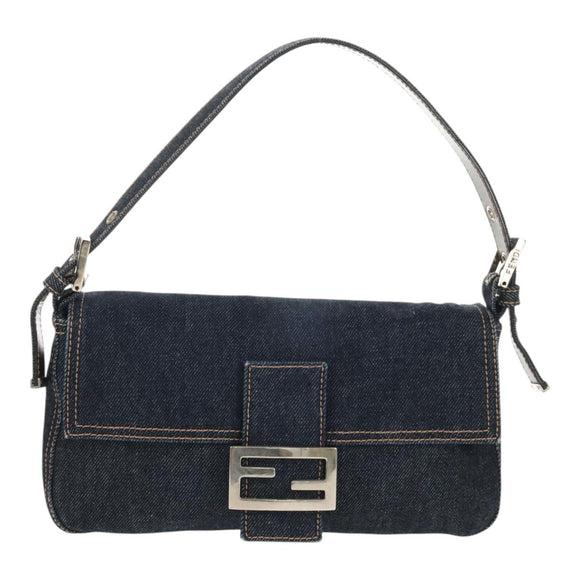 FENDI Mamma Baguette Shoulder Bag Denim Navy Silver Auth yk19890V