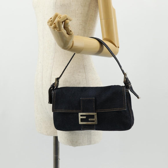 FENDI Mamma Baguette Shoulder Bag Denim Navy Silver Auth yk19890V