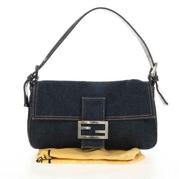 FENDI Mamma Baguette Shoulder Bag Denim Navy Silver Auth yk19890V